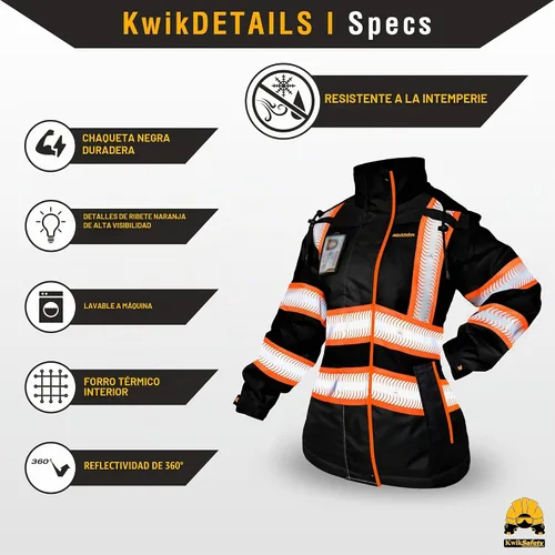 Vista 5 de KwikSafety BOMBTRESS Safety Bomber Jacket for Women ANSI OSHA Hi Vis PPE Negro + ribete naranja Mujer