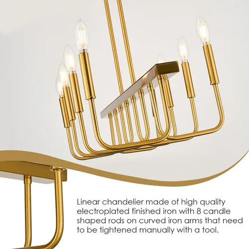 Vista 6 de Lámparas de comedor rectangulares sobre la mesa, candelabros lineales para comedor, candelabro moderno de 8 luces en oro cepillado, luces de isla