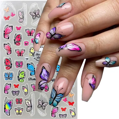 Vista 2 de 5 hojas de calcomanías de arte de uñas de mariposa, 3D coloridas mariposas, suministros de arte de uñas, mariposas, flores, calcomanías Con