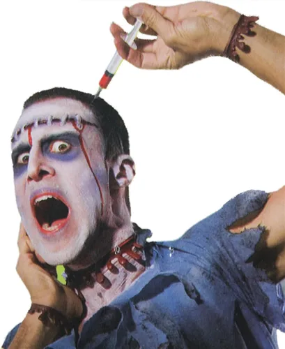 Vista 3 de Dzrige Accesorios de terror de Halloween, jeringa sangrienta, diadema de jeringa a través de la cabeza, diadema de jeringa aterradora