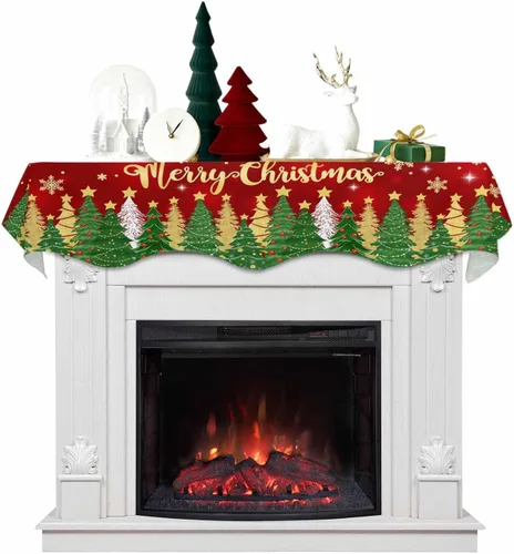 Vista 12 de Mantel con diseño de copo de nieve azul para chimenea de Navidad, bufanda para repisa, estola para estantes, renos, alces, nieve, bosque, cubierta