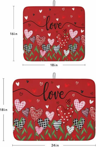 Vista 3 de Tapete de secado floral de corazón para el día de San Valentín para encimera de cocina, tapete absorbente de microfibra para escurridor