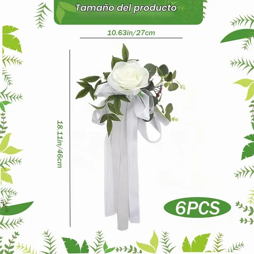 Vista 6 de Decoraciones de pasillo para ceremonia de boda, 6 piezas de rosas artificiales para decoración de pasillo de boda con cintas, decoración floral