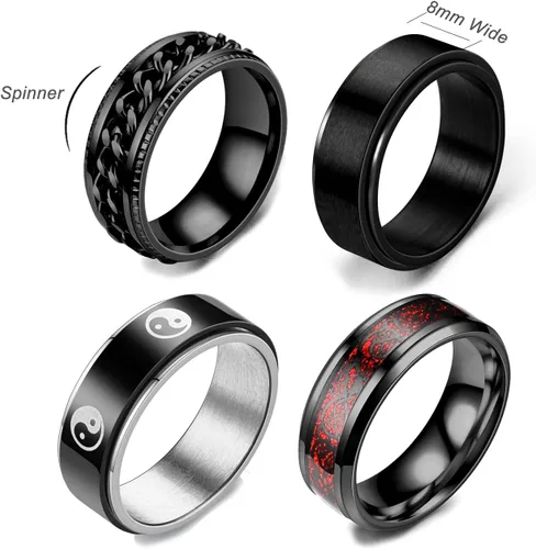 Vista 2 de HUXICUI 4-Pcs Wedding Band Ring Set for Men Womens Fidget Spinner Rings for Anxiety Stress Relief Black Engagement Ring Set