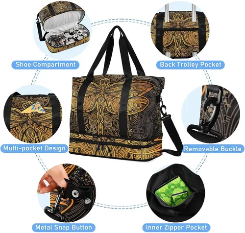 Vista 5 de ALAZA Golden Dragonfly Mandala Bolsa de viaje para mujeres y hombres, bolsa de gimnasio deportiva con compartimento para zapatos, bolsa de fin