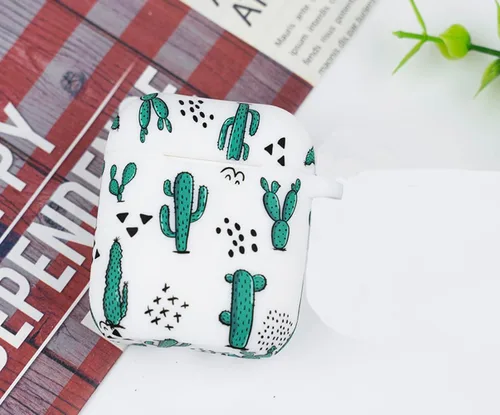 Vista 4 de LitoDream - Funda de silicona suave y flexible con llavero para Apple AirPods 2 y 1, para niñas (vaca; blanco con cactus)