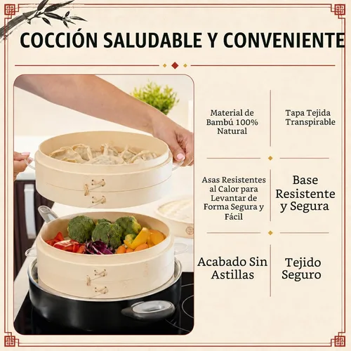 Vista 4 de Cesta para cocinar al vapor de bambú de 25 cm, 2 niveles, con mango, adaptador de anillo, forro de silicona reutilizable, kit para cocinar