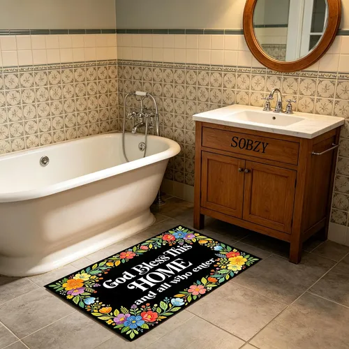 Vista 4 de Felpudo con texto en inglés «Bless This Home and All Who Intre», diseño floral de bienvenida, decoración de baño