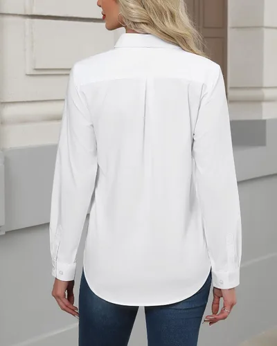 Vista 3 de Camisas con botones J.VER para mujer con cuello elástico y manga larga de algodón, camisa de vestir casual de negocios para el trabajo