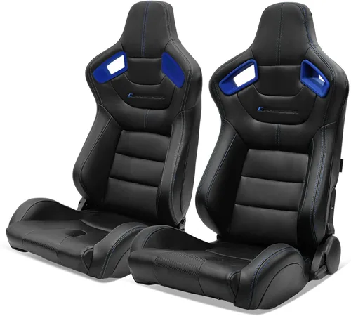 Vista 10 de IKON MOTORSPORTS, Par de asientos universales de carreras con deslizadores dobles, color negro con puntada naranja PU y cuero de carbono