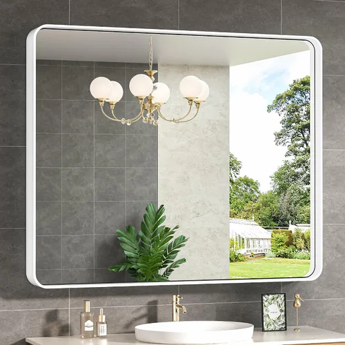 Vista 14 de TokeShimi Espejo de pared de baño de níquel cepillado de 20 x 30 pulgadas, marco de metal, esquina redonda, rectangular, para decoración del hogar