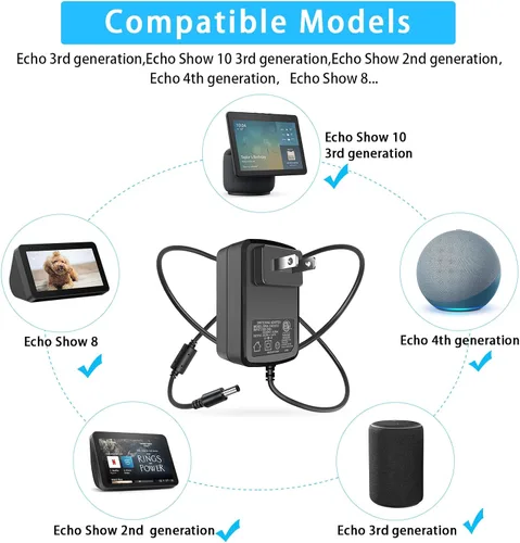 Vista 2 de Cable adaptador de corriente de 30 W para Amazon Alexa Echo (4.ª generación), Echo (3ª generación), Echo Show 15, Echo Show 10 (3ª generación), Echo