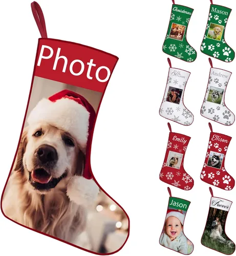 Vista 8 de Calcetines de Navidad personalizados con foto de nombre, imagen de perros y mascotas, patas de perro, calcetines de Navidad, decoración colgante