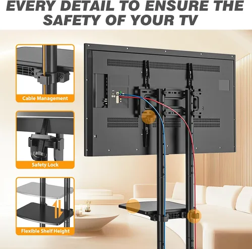 Vista 6 de Soporte de TV rodante con ruedas mejoradas para televisores de 32 a 75 pulgadas, soporte de TV móvil de altura ajustable con estante para laptop