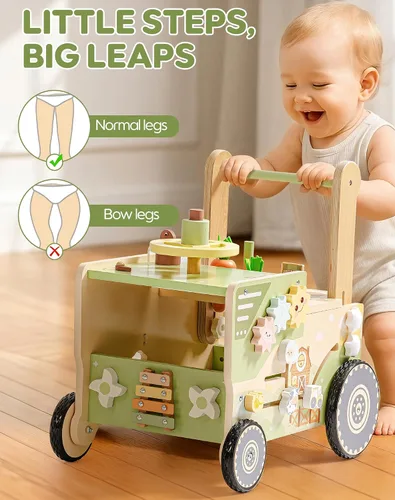 Vista 7 de ROBOTIME Juguete de madera para niños pequeños, andador de empuje para bebés con ruedas, centro de actividades con temática de granja para niñas