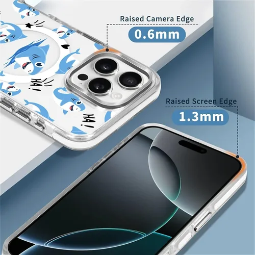 Vista 6 de Funda para iPhone 13 Pro, transparente con bonito patrón de tiburón azul, compatible con Magsafe funda protectora suave para mujeres y niñas (blanco)