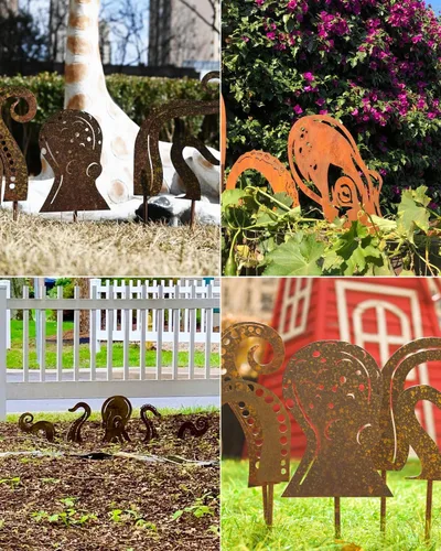 Vista 4 de Escultura de jardín de pulpo, silueta de pulpo, escultura artística de metal para jardín, figura de calamar para jardín, decoración de estatua