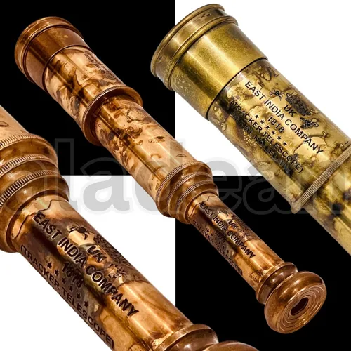 Vista 4 de Raro telescopio de latón y catalejo - East India Company 1818 Tracker Vintage Catalejo pirata antiguo grande en caja de regalo de cuero cosido a