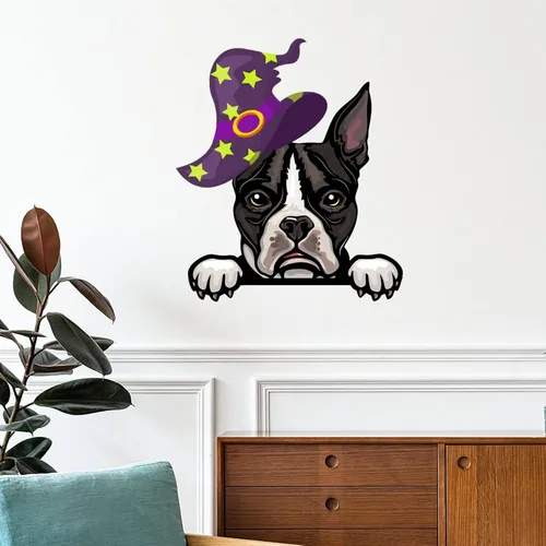 Vista 10 de Calcomanías de pared de Halloween con diseño de brujas y malinois, calcomanías de Halloween con texto en inglés "Happy Halloween" para decoración