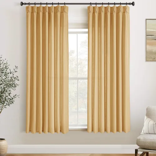 Vista 64 de Cortinas de lino de 63 pulgadas, juego de 2 paneles para sala de estar, beige natural, cortinas con pliegues pellizco entrenadas con memoria