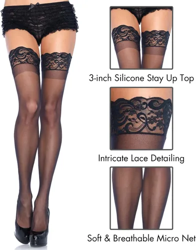 Vista 2 de Leg Avenue Muslo de elastano transparente para mujer con encaje de silicona Stay-Up Negro
