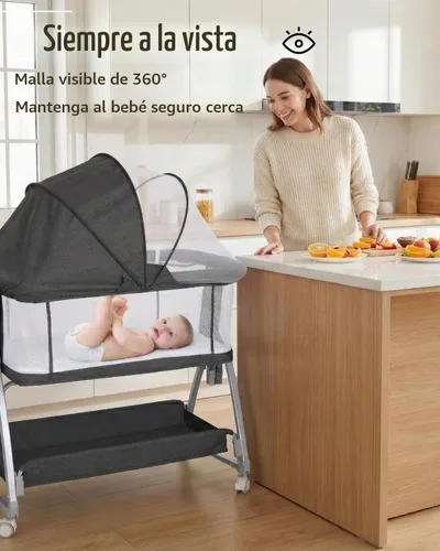 Vista 3 de Cuna de Bebé para Colocar al Lado de la Cama con Ruedas, Cuna Portátil 3-en-1 para Recién Nacido, Cuna de Dormir Lateral con Altura Ajustable