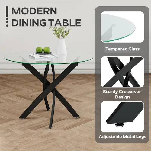Vista 6 de Juego de mesa de comedor de cristal redondo transparente para 4, juego de mesa de cocina circular de 5 piezas, juego de mesa de comedor circular