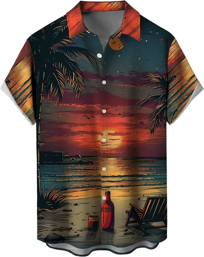 Vista 50 de Camisas tropicales con botones para hombre, camisas hawaianas de manga corta, casuales para vacaciones, camisas de playa holgadas Beige-playa escena