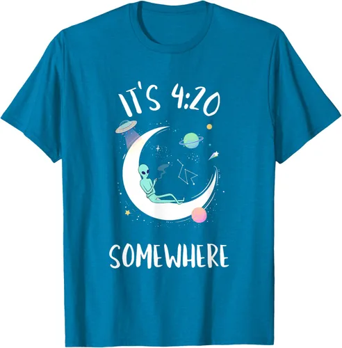 Vista 8 de Funny Weed Joint Smoking Moon Alien It's 4:20 Somewhere Camiseta, Negro, S