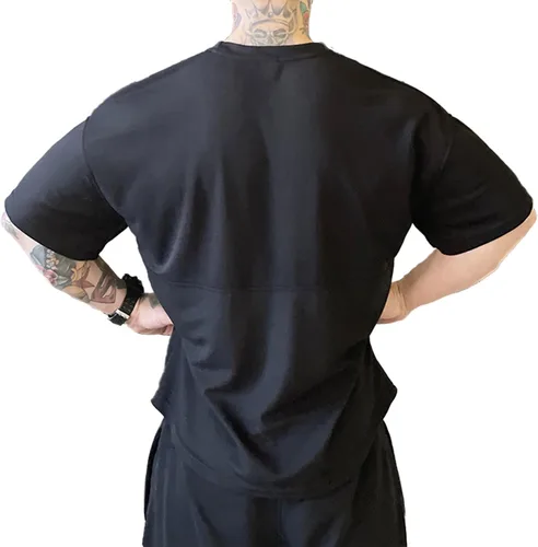 Vista 3 de Camiseta de entrenamiento de gimnasio para hombre, camisas musculares de secado rápido, ajuste holgado, camiseta atlética de manga corta para correr