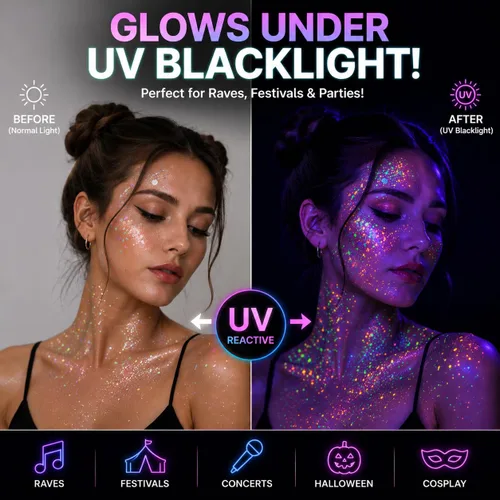 Vista 2 de 12 colores de gel con purpurina que brilla en la oscuridad, reactiva a la luz negra UV, para rostro y cuerpo, no necesita pegamento, grado cosmético