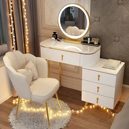 Vista 13 de Juego de tocador grande con luces LED, mesa de tocador de maquillaje con gabinete ajustable y taburete acolchado, 3 modos de iluminación, tocador