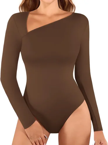 Vista 2 de MANGOPOP Women Asymmetrical Neck Long Sleeve Basic T shirt Thong Bodysuit Tops