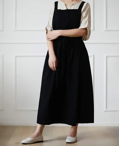 Vista 3 de Delantal largo de algodón plisado con espalda en X para cocina, jardín, floristería, ropa de trabajo, vestido con babero