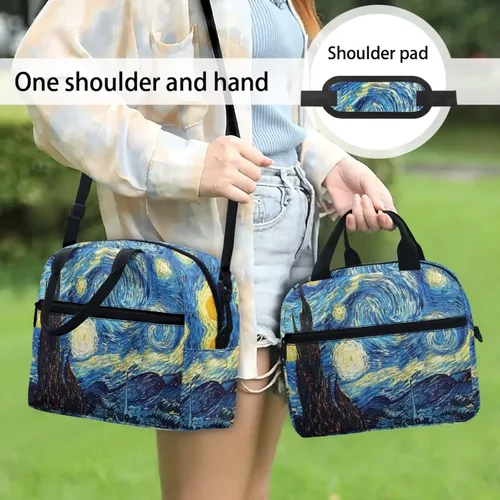Vista 3 de doginthehole Bolsa de almuerzo de noche estrellada para mujeres y niñas, bolsa de almuerzo con correa ajustable para el hombro con estampado