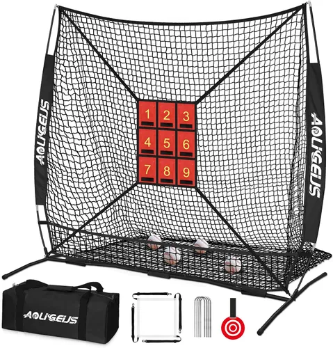 Vista 8 de Red de práctica de sóftbol de béisbol de 6 x 6 pies, red de lanzamiento, red de bateo, con zona de golpe de bonificación, objetivo y marco de arco