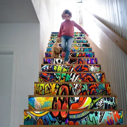 Vista 5 de Calcomanías modernas de grafiti en acuarela, calcomanías para escaleras para escaleras, abstracto, hip hop, ciudad, calle, pared, colorido, grafiti