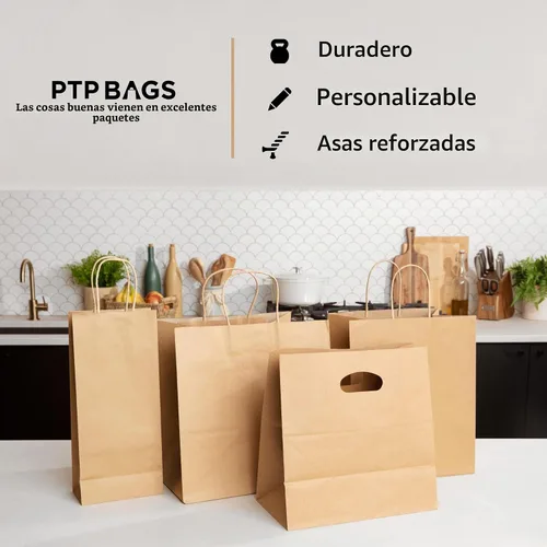 Vista 5 de PTP BAGS - Bolsas naturales y blancas de papel de estraza, 11 x 6 x 11 pulgadas, bolsas para servicio de alimentos