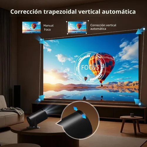 Vista 3 de Mini proyector con WiFi 6 y Bluetooth 5.4 Keystone vertical automático integrado Android 14 OS, 1080P 4K compatible con proyector giratorio portátil