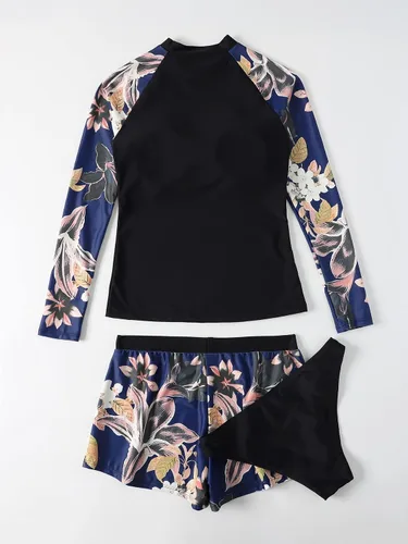 Vista 4 de MakeMeChic Traje de baño tankini de 3 piezas para mujer, traje de baño floral de manga larga