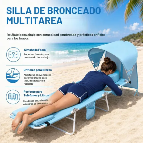 Vista 3 de Silla de bronceado de playa con mochila y toldo con protección solar y orificio para la cara, silla de sol plegable de 6 posiciones para adultos