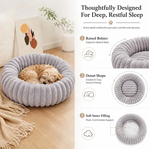 Vista 3 de Cama calmante para perros pequeños, cama lavable en forma de dona Gris