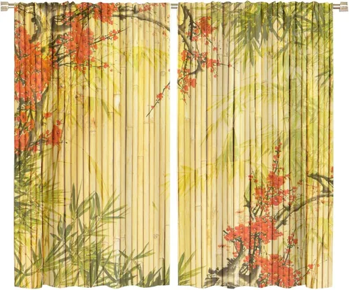 Vista 62 de Cortinas con estampado de bambú, tallos y hojas de bambú, temática oriental natural, oscurecimiento de habitación, ventana, ventana, cortina