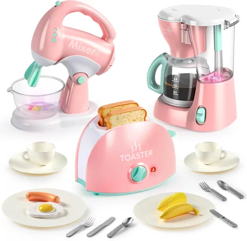 Vista 9 de Joyin Juguetes de cocina para jugar, accesorios de cocina de comida para niñas, juguete con cafetera, mezclador, tostadora con luces y sonidos Azul
