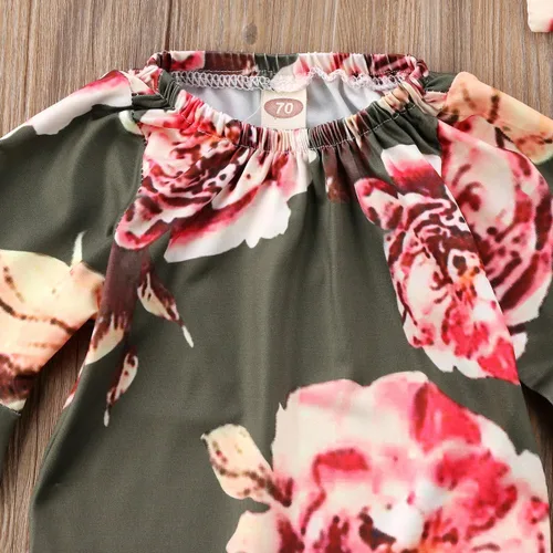 Vista 6 de Mameluco de manga larga con diseño de flores de encaje para bebé, color liso, conjunto de ropa con diadema