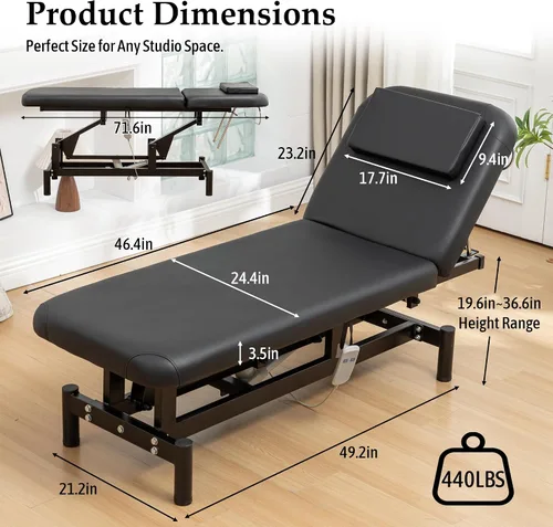 Vista 2 de Hohuqeri Mesa de masaje eléctrica profesional con control remoto, respaldo ajustable, cama médica para spa y depilación, silla de belleza de tatuaje