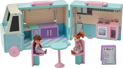 Vista 4 de Olivia's Little World Casa de muñecas de camión de comida de madera + accesorios para muñecas de 3.5", multicolor Accesorios incluidos