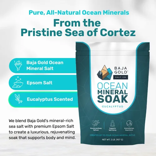 Vista 3 de Baja Gold Ocean Mineral Soak – Remojo de baño de magnesio natural y oligoelementos Remojo relajante y limpio de ingredientes para baño, músculos
