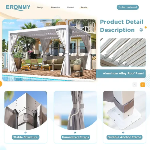 Vista 5 de EROMMY Pérgola con Persianas de 10x10 Pies, Refugio de Sombra Solar para Exteriores con Marco de Aluminio y Techo de Metal Ajustable Resistente a