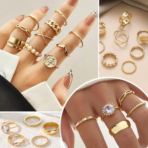 Vista 5 de KISS WIFE Christmas Golden Jewelry Set for Women with Multi Layered Necklaces, Stackable Bracelets, Knuckle Rings, Hoop Earrings, Fashion Outfit